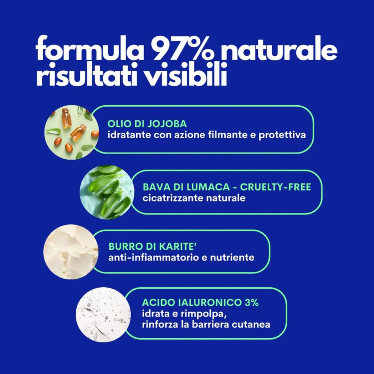Ingredienti Dream Cream Jampy – olio di jojoba, bava di lumaca cruelty-free, burro di karité, acido ialuronico 3% – formula 97% naturale – Fridom