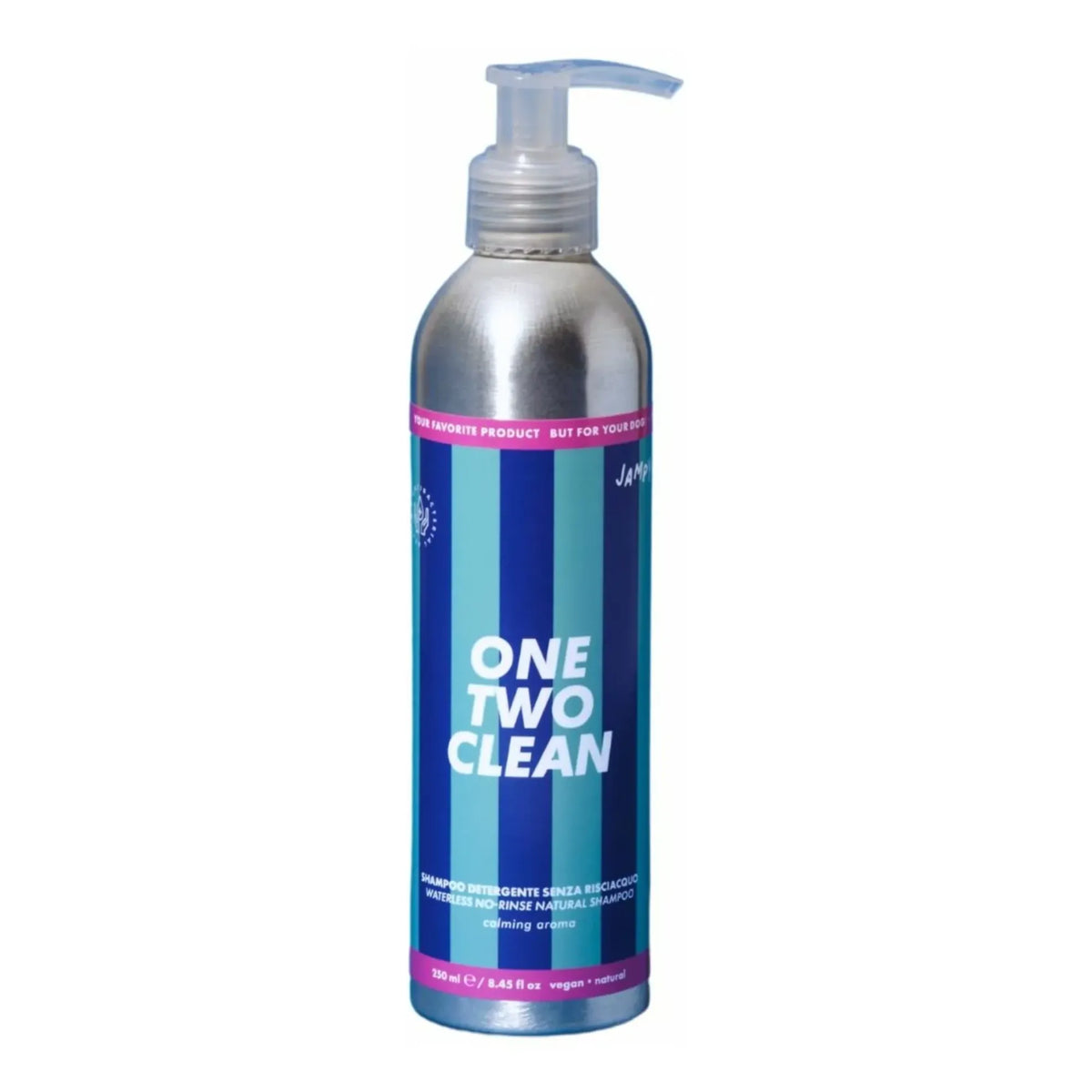 One Two Clean - detersivo gel senza risciacquo per cani 250ml, flacone in alluminio con dispenser, formula naturale vegana antibatterica