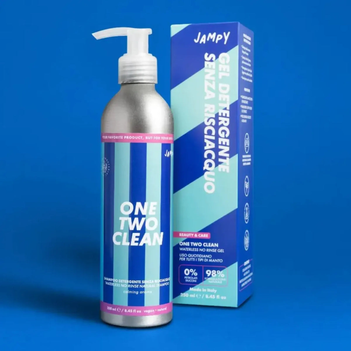 One Two Clean Jampy - gel detergente senza risciacquo per cani con confezione, 98% naturale, 0% petrolati e siliconi, uso quotidiano tutti i tipi di manto, made in Italy