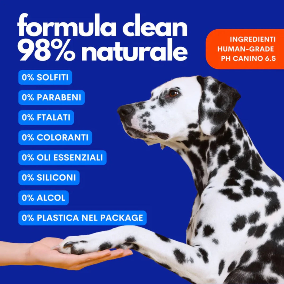 Shampoo canne formula clean 98% naturale - 0% solfiti parabeni ftalati coloranti siliconi alcol, ingredienti human-grade pH canino 6.5, packaging senza plastica