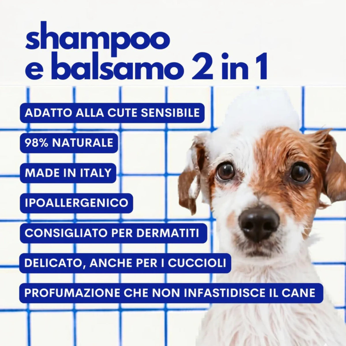 Shampoo e balsamo 2 in 1 per cani - ipoallergenico, 98% naturale, prodotto in Italia, adatto cute sensibile, cuccioli e dermatiti, profumazione delicata